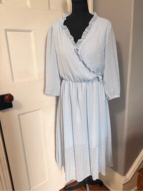 Light Blue Swiss Dot Ruffle Wrap Midi Dress | Size Medium | Cottagecore